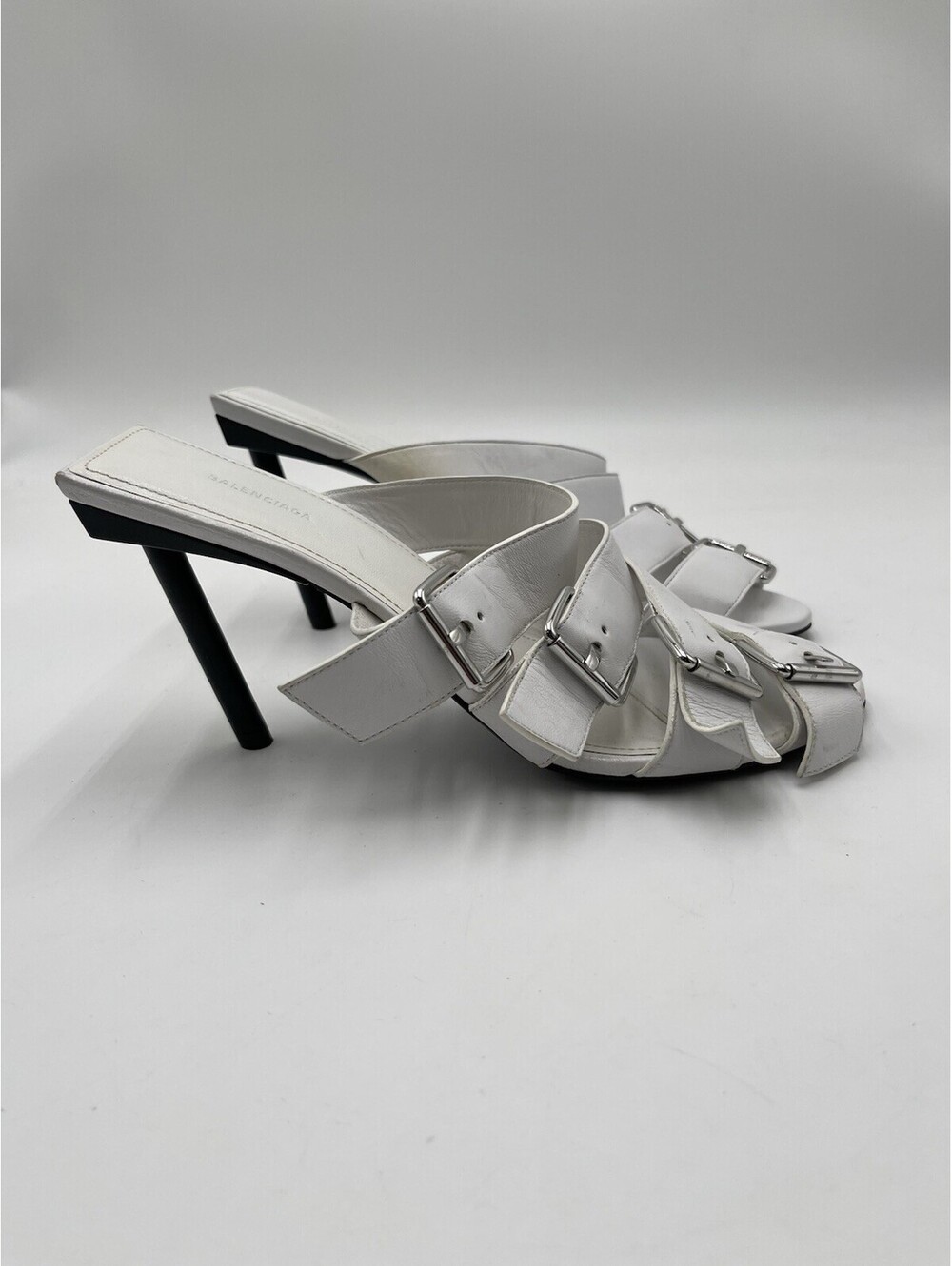 Balenciaga Women's Buckle High-Heel White Leather Sandals Size 37